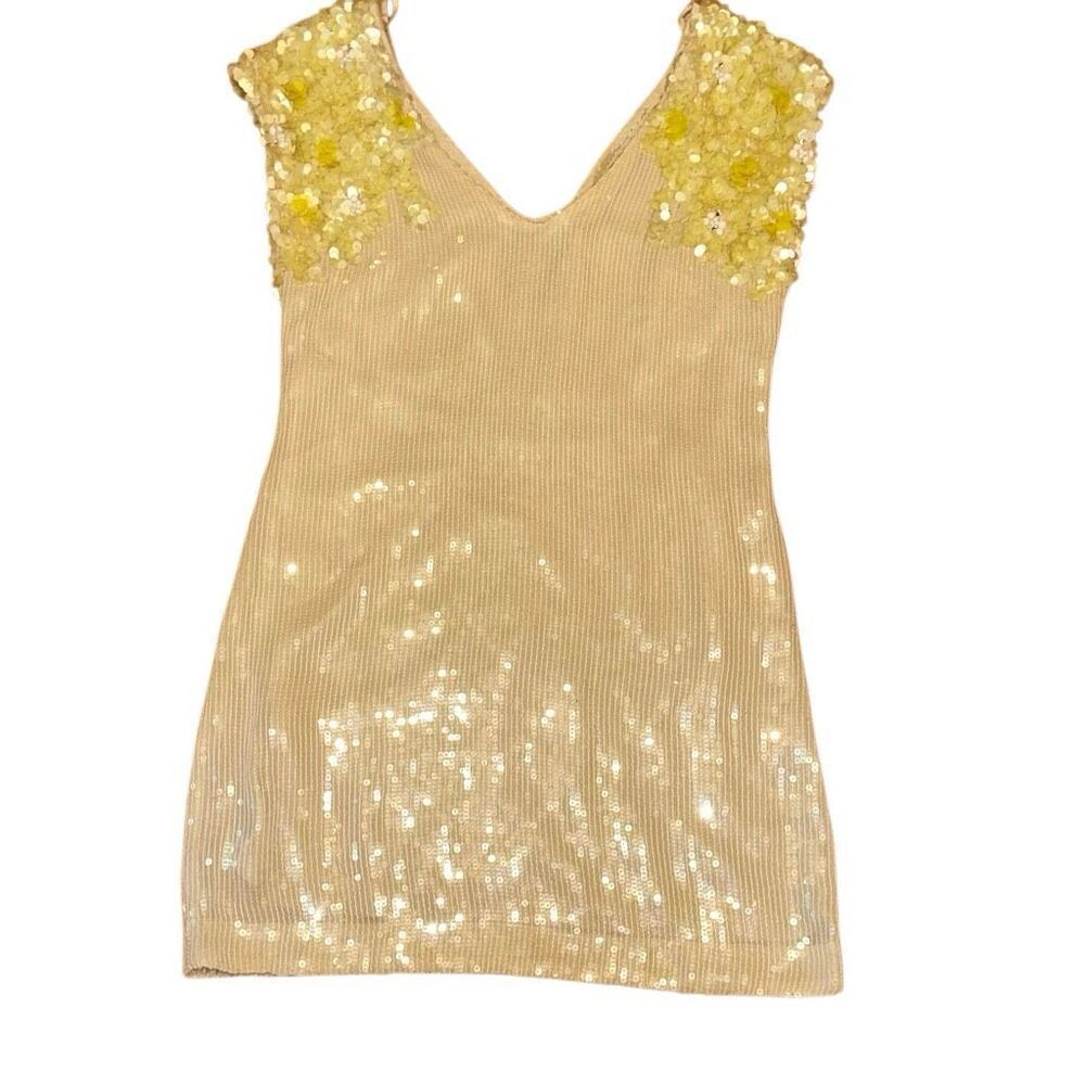 Rare Free People Icy Citrus Dress, Sz 4 ivory, yellow sequins Retail 500 mini - Picture 5 of 13